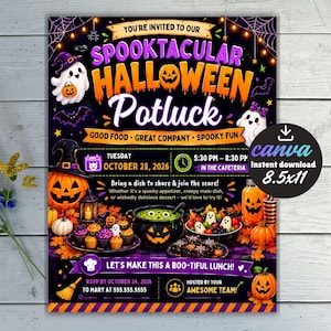 May include: A Halloween potluck invitation flyer featuring a black background with orange and purple text. Graphics include ghosts, jack-o'-lanterns, a cauldron, cupcakes, and autumn leaves. Text includes 'SPOOKTACULAR HALLOWEEN POTLUCK' and event details for October 28, 2026, at 5:30 PM.