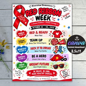 May include: A Red Ribbon Week flyer for Riverview Elementary, October 26-30, 2026. It features a red ribbon, daily themes with colorful hearts, and icons like a t-shirt, pom-poms, socks, a cape, and sunglasses. Text includes Be Brave, Be Drug Free.
