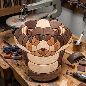 Puede incluir: Una pieza de arte mural decorativa de madera con forma de cabeza de serpiente, elaborada con segmentos de madera en tonos claros, medios y oscuros. El intrincado diseño de mosaico presenta patrones geométricos en ojos y escamas.