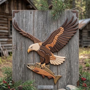 Eagle with Fish Intarsia Pattern PDF | Scroll Saw Wildlife Woodworking Plan | Bald Eagle Wall Art DIY Digital Download