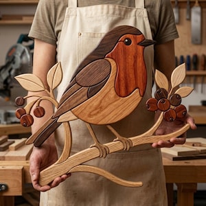 May include: A handcrafted wooden wall art piece featuring a robin bird perched on a branch. The bird is constructed from various wood tones including dark brown, reddish-brown, and light tan. It is surrounded by wooden leaves and small round berries.