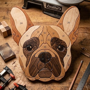 May include: A wooden French Bulldog head puzzle made of light and dark wood pieces, each marked with a number. The puzzle features distinct grain patterns, large ears, and dark eyes. It is displayed on a workbench with tools nearby.