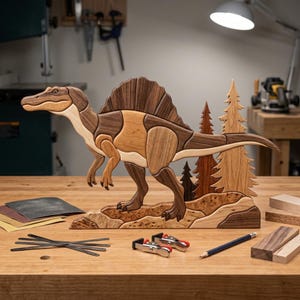 May include: A handcrafted wooden Spinosaurus dinosaur figurine featuring a multi-toned wood grain finish. The dinosaur stands on a textured base with three stylised evergreen trees in the background, showcasing various natural wood colours.