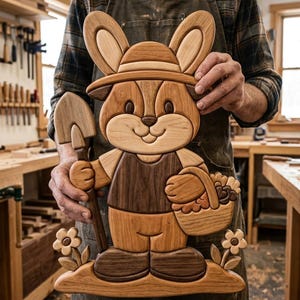 Op de afbeelding: Een handgemaakt houten wandkunstwerk met een konijn dat een hoed draagt, een schep in de ene hand houdt en een mand met groenten in de andere. Het ontwerp is samengesteld uit verschillende tinten natuurlijk hout, waaronder licht- en donkerbruine tinten.
