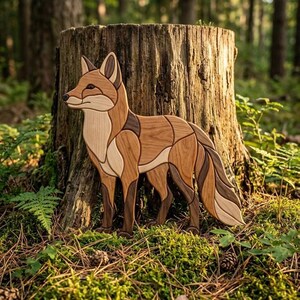 May include: A decorative wooden fox figure composed of multiple interlocking pieces of wood in varying shades of brown, tan, and cream. The fox is depicted in a standing profile position with pointed ears, a long bushy tail, and dark legs.