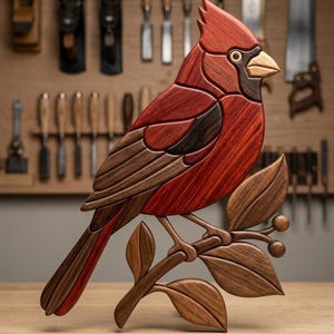 May include: A wooden intarsia wall art piece depicting a cardinal bird perched on a branch with leaves. The bird features vibrant red, dark brown, and black wood tones with a light-coloured beak. The branch and leaves are crafted from brown wood.