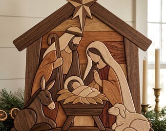 May include: A wooden nativity scene featuring layered, multi-toned wood cutouts of Joseph, Mary, and the infant Jesus in a manger. A donkey and a lamb are positioned at the base, with a large star mounted at the peak of the stable roof.