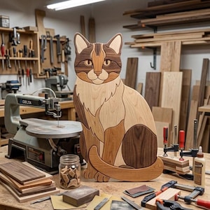 Puede incluir: Una escultura de gato hecha a mano con diversas tonalidades de madera natural, que muestra un felino sentado con una cola larga. La pieza está compuesta por segmentos de madera entrelazados en tonos marrón claro, medio y oscuro con vetas visibles.