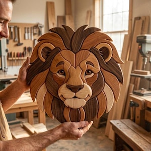 Könnte beinhalten: Ein handgefertigter Löwenkopf aus Holz als Wanddekoration, bestehend aus verschiedenen Segmenten in hellen, mittleren und dunklen Holztönen. Das Design zeigt ein stilisiertes Löwengesicht mit einer vollen, geschichteten Mähne und glatten Oberflächen.