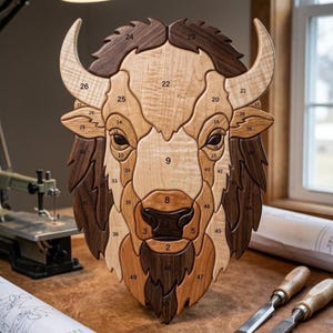 May include: A wooden bison head wall art piece composed of interlocking segments in varying shades of light and dark wood. Each individual piece is marked with a black number from 2 to 50, creating a detailed mosaic of the animal's face and horns.