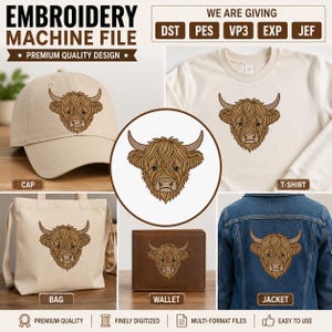 Highland Cow Embroidery Machine File Crying Cow Face Design DST PES VP3 EXP Jef Sad Cow Head Cap Shirt Sweatshirt Jacket Instant Download