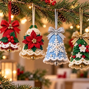 May include: Four crocheted bell ornaments hanging from a pine branch. The first is red with a bow and holly berries. The second is cream with a red poinsettia. The third is light blue with a white snowflake. The fourth is green with white flowers.