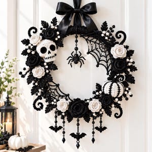 May include: A circular wreath featuring black and white crocheted flowers, a crocheted skull, a crocheted pumpkin, and a spider web. The wreath is adorned with black beads, a hanging spider, and three dangling bat charms, all topped with a large black satin bow.