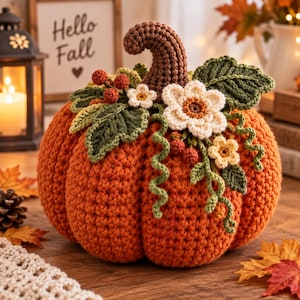 May include: A crocheted orange pumpkin featuring a brown stem, decorated with dark green leaves, small red berries, cream-colored flowers, and green curly vines. The pumpkin has a textured, yarn-based surface and is crafted with intricate stitching.