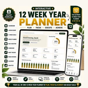 May include: An interactive 12-week year planner displayed on a laptop and smartphone screen. The interface features a dashboard with progress charts, habit trackers, and goal metrics. Text includes "12 WEEK YEAR PLANNER" and "PLAN FOCUS EXECUTE ACHIEVE".
