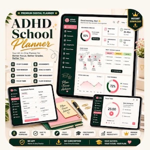 ADHD School Planner, Student Dashboard with Homework Tracker, Focus Timer, Exam Planner & Habits