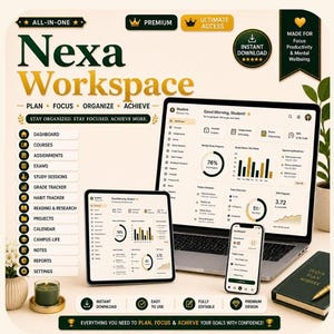Puede incluir: Una interfaz de planificador digital titulada Nexa Workspace mostrada en una computadora portátil, tableta y teléfono inteligente. La pantalla muestra un panel con gráficos, progreso de estudio y listas de tareas, incluyendo el texto Plan, Focus, Organize, Achieve.