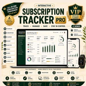 May include: An interactive subscription tracker pro digital planner displayed on a laptop screen, a smartphone, and a smartwatch. The interface features a dashboard with budget, analytics, and calendar tools. Text includes Subscription Tracker Pro, Track, Manage, Save, Stay in Control, and various feature labels.
