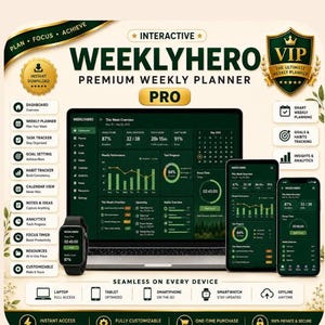 May include: A digital WeeklyHero Pro premium weekly planner displayed on a laptop, smartphone, and smartwatch. The interface features a dark green dashboard with charts, task trackers, and goal settings. Text includes WeeklyHero, Premium Weekly Planner, and VIP.