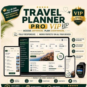 May include: A digital travel planner dashboard displayed on a laptop, smartphone, and smartwatch. The interface features a dark green and cream color scheme with text including Travel Planner Pro VIP, Dashboard Overview, and Itinerary details.