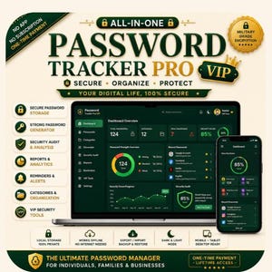 Può includere: Un'interfaccia software di gestione password digitale visualizzata su uno schermo di laptop e smartphone. Il cruscotto verde scuro mostra punteggi di sicurezza e categorie. Il testo include PASSWORD TRACKER PRO VIP.