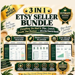 May include: A 3-in-1 Etsy seller bundle digital product graphic featuring an inventory tracker, product launch planner, and Etsy seller planner. The design includes gold and dark green accents, text headers, and icons for premium templates.