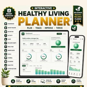 Puede incluir: Un planificador de vida saludable interactivo mostrado en una pantalla de portátil y teléfono inteligente. La interfaz presenta un panel con rastreadores de agua, nutrición, actividad, sueño y hábitos en tonos verdes y blancos.