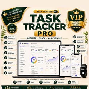 Könnte beinhalten: Ein digitaler Aufgabenplaner namens Task Tracker Pro, dargestellt auf einem Laptop, Tablet, Smartphone und einer Smartwatch. Die Benutzeroberfläche zeigt Dashboards mit Aufgabenstatistiken, Fortschrittsdiagrammen und Listen. Goldene und dunkelgrüne Akzente schmücken das Layout, das Textbeschriftungen für Funktionen wie Zeiterfassung, Analysen und Cloud-Synchronisierung enthält.
