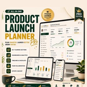 May include: A digital product launch planner suite displayed on a desktop monitor, laptop, and smartphone. The interface features dashboards, analytics, and task lists with text including Product Launch Planner Pro, 85+ Planning Sections, and Dashboard Overview.