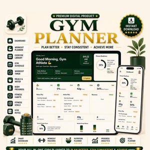 Könnte beinhalten: Ein digitaler Fitnessplaner auf einem Tablet- und Smartphone-Bildschirm mit einem Dashboard zur Verfolgung von Training, Ernährung und Erholung. Die Benutzeroberfläche enthält Textbeschriftungen wie Dashboard, Workout Planner und Fitness Readiness in Dunkelgrün und Weiß.