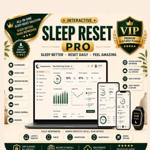 以下が含まれることがあります： ノートパソコン、スマートフォン、スマートウォッチに表示されたインタラクティブなSleep Reset Proデジタルプランナー。インターフェースには、睡眠の質、回復スコア、ルーチンの追跡を示すダッシュボードが表示されています。睡眠ログ、夢日記、レポートなどの機能を示すテキストラベルが含まれており、ダークグリーンとゴールドの配色で構成されています。