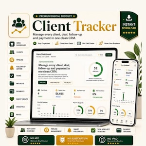 May include: A digital client tracker CRM displayed on a laptop and smartphone screen. The interface features a hero dashboard with metrics, charts, and navigation icons for clients, pipeline, tasks, projects, payments, and analytics in a clean layout.