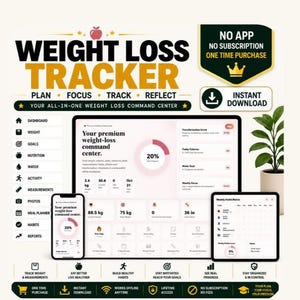 May include: A digital weight loss tracker dashboard displayed on a tablet, smartphone, and smaller screen. The interface features progress charts, habit matrices, and metric data like 88.5 kg and 36 in. Text includes WEIGHT LOSS TRACKER and NO APP.