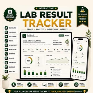 Könnte beinhalten: Eine interaktive digitale Vorlage zur Verfolgung von Laborergebnissen, dargestellt auf einem Laptop- und Smartphone-Bildschirm. Die Benutzeroberfläche zeigt ein Dashboard mit Gesundheitswerten, Trenddiagrammen und Kategorienübersichten.