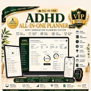 Könnte beinhalten: Ein digitales ADHD All-in-One Planer Pro System, dargestellt auf einem Laptop, Tablet, Smartphone und einer Smartwatch. Die Benutzeroberfläche zeigt ein Dashboard mit Aufgabenverwaltung, Gewohnheitstracking und Analysen.