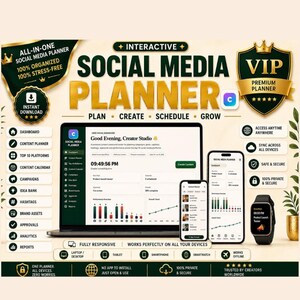 May include: An interactive social media planner digital product display featuring a laptop, smartphone, and smartwatch showing dashboard interfaces. Text includes "All-in-one Social Media Planner," "VIP Premium Planner," and "Plan, Create, Schedule, Grow."