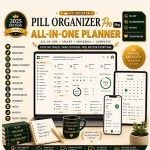 Peut inclure: Un organisateur de pilules numérique affiché sur un écran d'ordinateur portable, de tablette et de smartphone. L'interface comprend un tableau de bord, un calendrier et des outils de suivi des médicaments. Un carnet avec un stylo et une tasse verte avec du texte sont au premier plan.