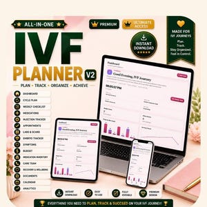 May include: An all-in-one IVF planner digital template displayed on a laptop, tablet, and smartphone. The interface features a dashboard with sections for cycle plans, medication tracking, appointments, and analytics. Text includes IVF PLANNER V2, PLAN, TRACK, ORGANIZE, ACHIEVE, and MADE FOR IVF JOURNEYS.