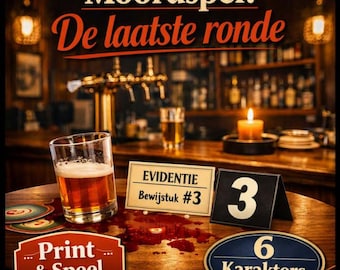Op de afbeelding: Een moordspel getiteld Moordspel: De laatste ronde met een glas bier, een kaart met EVIDENTIE Bewijsstuk #3, een zwart tafelnummer 3, een rood Print & Speel bordje en een blauw ovaal bordje met 6 Karakters op een houten tafel.