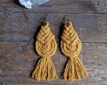 Macrame earrings, boho earrings, Pipa knot earrings, fiber earrings, Fringe earrings, Statement Earrings, Large Earrings, Mustard Yellow