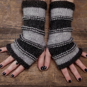 Fingerless Gloves, Wool Wrist Warmers, Knit Fingerless Gloves, Striped Fingerless Gloves, Witchy, Gothic, Gray, Grey, Soft Winter Mittens