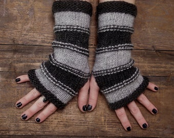 Fingerless Gloves, Wool Wrist Warmers, Knit Fingerless Gloves, Striped Fingerless Gloves, Witchy, Gothic, Gray, Grey, Soft Winter Mittens