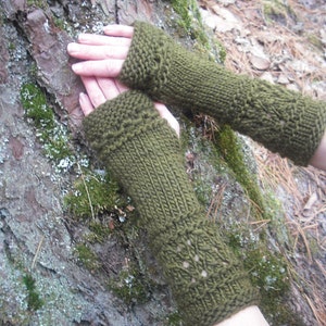 Fingerless Gloves Wool Arm Warmers Wrist Warmers Hand Knit Soft Winter Mittens Womens Gift For Her Texting Gloves Green Woodland image 2