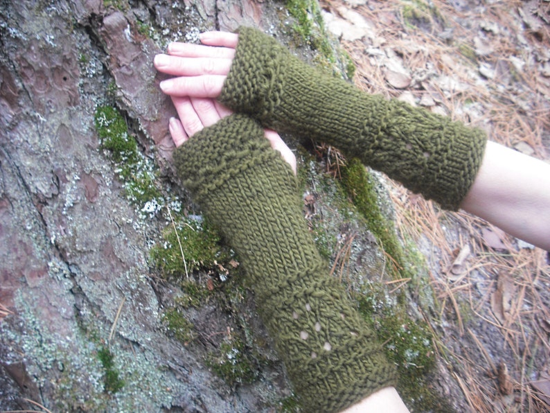 Fingerless Gloves Wool Arm Warmers Wrist Warmers Hand Knit Soft Winter Mittens Womens Gift For Her Texting Gloves Green Woodland image 2