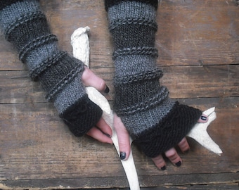 Fingerless Gloves Wool Long Wrist Warmers Gothic Arm Warmers Women's Wrist Warmers Black Gray Grey Witchy Striped Gloves Warm wool gloves
