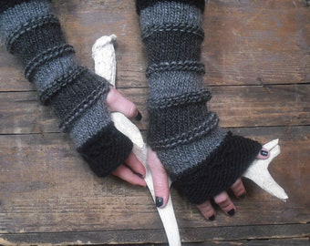 Fingerless Gloves Wool Long Wrist Warmers Gothic Arm Warmers Women&#39;s Wrist Warmers Black Gray Grey Witchy Striped Gloves Warm wool gloves