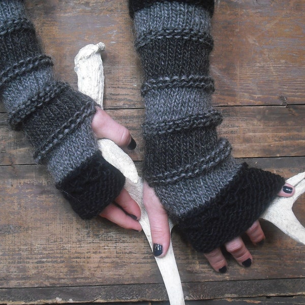 Fingerless Gloves Wool Long Wrist Warmers Gothic Arm Warmers Women's Wrist Warmers Black Gray Grey Witchy Striped Gloves Warm wool gloves