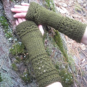 Fingerless Gloves Wool Arm Warmers Wrist Warmers Hand Knit Soft Winter Mittens Womens Gift For Her Texting Gloves Green Woodland image 3