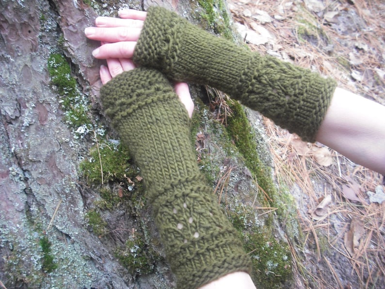 Fingerless Gloves Wool Arm Warmers Wrist Warmers Hand Knit Soft Winter Mittens Womens Gift For Her Texting Gloves Green Woodland image 3