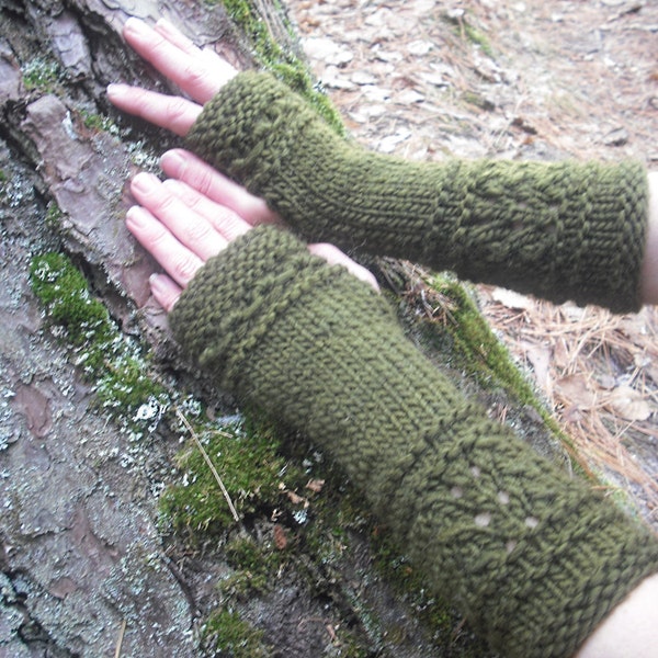 Fingerless Gloves Wool Arm Warmers Wrist Warmers Hand Knit Soft Winter Mittens Womens Gift For Her Texting Gloves Green Woodland